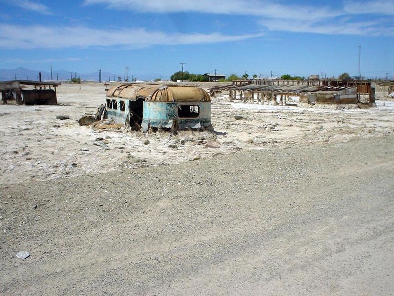 Abandoned, salt encrusted structures on Salton Sea’s the East shore.